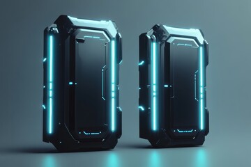 Poster - Futuristic smartphone design with glowing blue accents in a modern setting