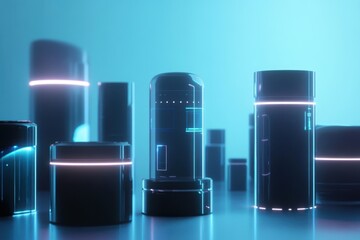 Poster - Futuristic glowing cylinders displayed on a sleek surface with a vibrant blue backdrop