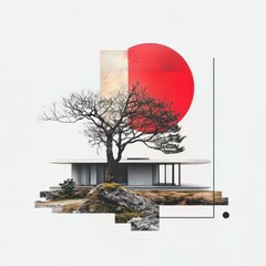 Poster - Minimalist line drawings of a modern house with a tree japanese inspired digital art tranquil environment artistic perspective elegance in simplicity