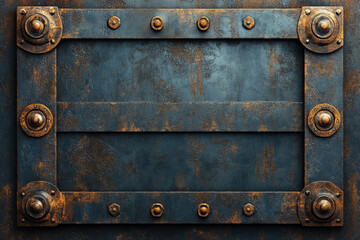 Poster - Rustic dark blue metal plate framed with rusty bronze accents and rivets.