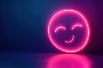 Poster - Neon smiley face glows in vibrant pink against a dark blue background