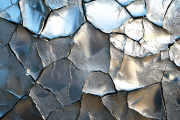 Poster - Abstract metallic texture with cracked surface, reflecting light in fragmented shapes.