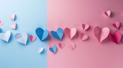 Wall Mural - Romantic design with paper hearts arranged on a blue and pink background