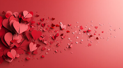 Poster - Red paper hearts flying against a red backdrop, forming a romantic valentine's day card