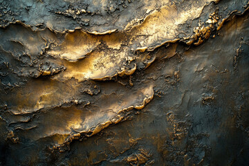 Aufkleber - Abstract textured art with dark and gold hues, resembling a landscape of bronze or metal.
