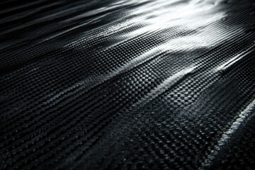 Poster - Close-up of a dark, textured carbon fiber surface with a woven pattern, showing its intricate details.
