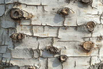 Poster - Close-up of tree bark texture showing cracked, light-grey surface with knots.