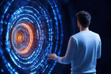 Fototapete - Person interacting with glowing spiral of data and light in a dark environment