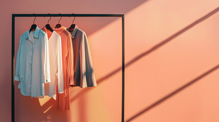 Poster - Three items of women's clothing hanging on a clothes rail, casting shadows on a peach wall