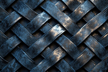 Poster - interwoven dark metallic strips form a textured, geometric pattern resembling a woven basket or fenc