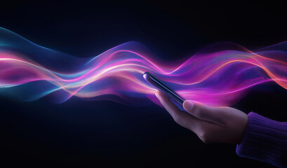 Fototapete - Vibrant wave patterns emerging from a smartphone in a dark environment