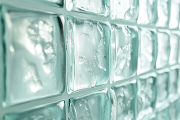 Poster - Close-up of a textured glass block wall, showcasing its translucent, light-aqua color and intricate pattern.
