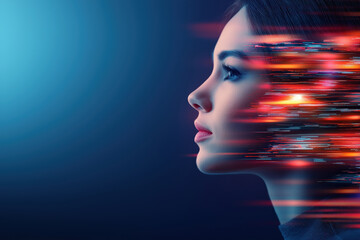 Poster - Profile of a woman with dynamic light effects representing speed and motion