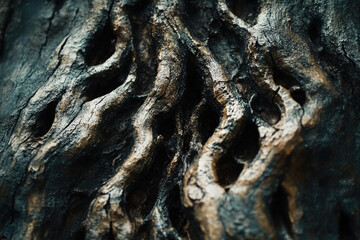 Poster - Close-up of dark, textured wood with deep grooves and holes, resembling ancient bark.