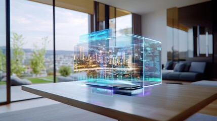 Poster - Futuristic holographic interface design modern cityscape digital art sleek environment wide angle technology and innovation showcase