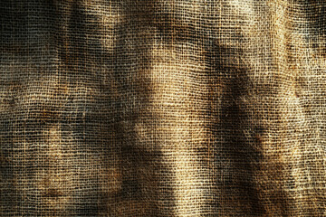 Fototapete - Close-up view of textured burlap fabric, showing its woven pattern and variations in color and lighting.