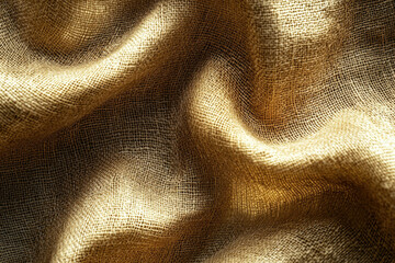 Poster - Close-up of textured, golden burlap fabric with wrinkles and folds, showing its coarse weave.