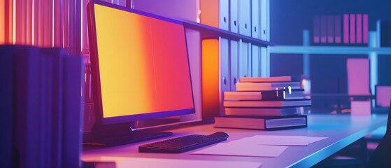 Poster - A modern workspace featuring a computer and neatly stacked books, illuminated by vibrant colors. This setup embodies productivity and creativity in a digital environment.