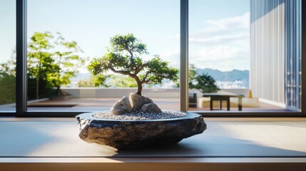 Poster - Zen garden minimalist design showcase tranquil indoor environment gigapixel artistry serene viewpoint natural elements