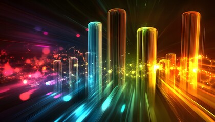 Poster - A vibrant abstract graphic featuring colorful bars representing audio frequencies with glowing lights in the background, creating an energetic and modern visual effect.