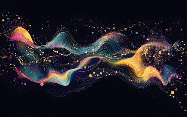 Poster - A vibrant abstract wave design featuring colorful lines and dots. Ideal for tech backgrounds, digital art, and creative projects that need a touch of modern flair.