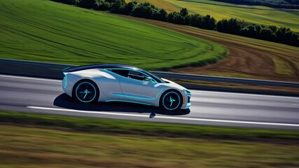 Poster - Future electric car moving on city highway nature landscape. Autonomous driving concept. Modern transportation and eco friendly innovation. Artificial intelligence technology concept. Ai system