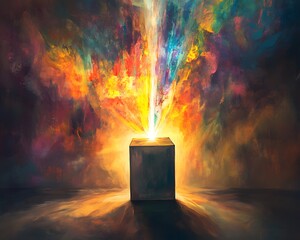 Poster - A vibrant explosion of colors emanates from a mysterious cube, creating a mesmerizing visual display