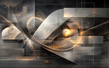Poster - An abstract digital design featuring geometric shapes, swirling lines, and glowing elements. This artwork combines dark and light tones to create a captivating modern composition.