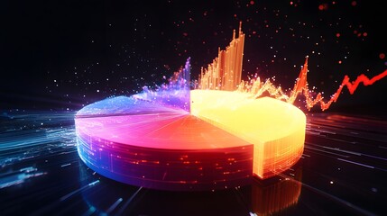 Fototapete - An eye-catching digital illustration of a pie chart with vibrant colors, integrated with dynamic data visualizations to showcase trends and analytics in the business world.