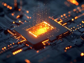 Poster - An intricate close-up of a glowing microchip, showcasing vibrant orange light amidst a network of circuits, symbolizing advanced technology and innovation in electronics.