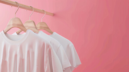 Poster - Three basic white tees are displayed on wooden hangers on a clothing rack with a pink backdrop