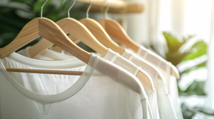 Poster - Three simple white t-shirts hang on wooden hangers in a softly lit bedroom