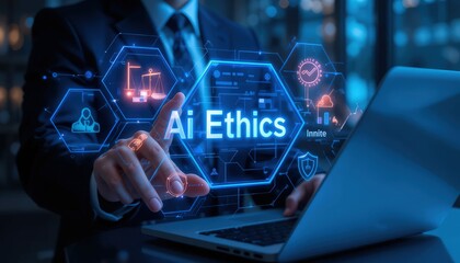 ai ethics or ai law concept. businessman with ai ethics icon on virtual screen for compliance, regul