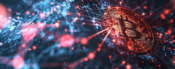 Aufkleber - Bitcoin cryptocurrency coin is spinning over a background of red and blue digital stock charts