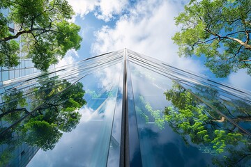Aufkleber - Modern glass building is reflecting green trees and blue sky on a sunny day