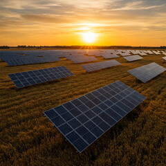 solar panels on the field and house roof 