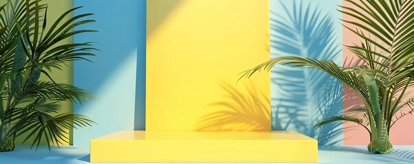 Fototapete - Cosmetic product presentation on empty podium with yellow accents and palm leaf surroundings