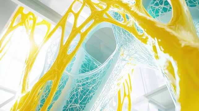 Yellow, teal organic structure interior design
