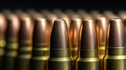 Wall Mural - Ammunition Close-up bullets, rows, dark background, firearm safety