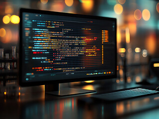 Poster - Dramatic closeup of a computer screen displaying colorful lines of code, set against a blurred, nighttime city backdrop.