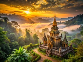 Northern Thailand Temple Beauty: Golden Light, Serene Architecture, Ancient Ruins, Spiritual Sanctuary