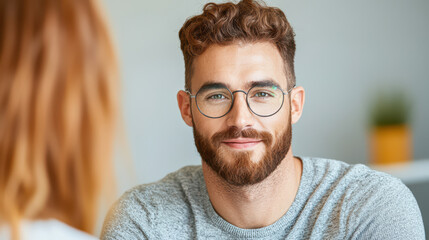 Poster - Smiling man with glasses and curly hair in casual setting
