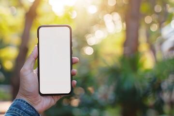 Poster - Individual holds a smartphone with a blank screen outdoors in a nature park, ideal for featuring your mobile app or website design