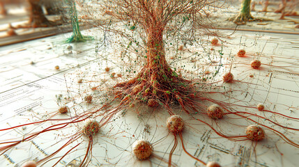 Poster - Intricate network of organic forms, resembling a tree with complex roots and interconnected nodes, sits atop a detailed, textured surface.
