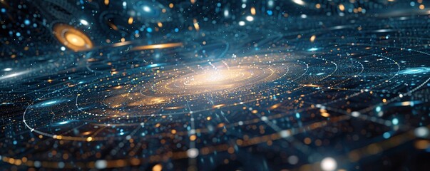 Aufkleber - Circular fractal design illuminated by blue and yellow lights against a dark backdrop