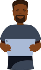 Poster - Friendly looking black man holds a digital tablet, embracing modern technology for communication and information access