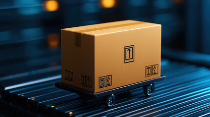 Poster - cardboard box on conveyor belt in warehouse setting