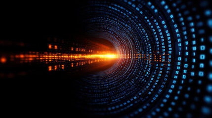 Fototapete - Digital tunnel with glowing binary data and vibrant light effects