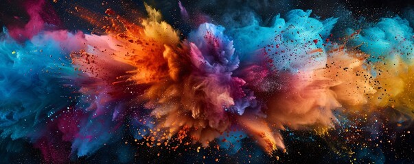 Poster - Explosive colorful powder paint creating a vibrant cloud of chaotic color dust on a black background