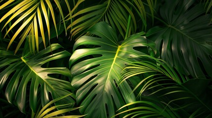 Aufkleber - Large monstera deliciosa plant leaves creating a beautiful green natural pattern